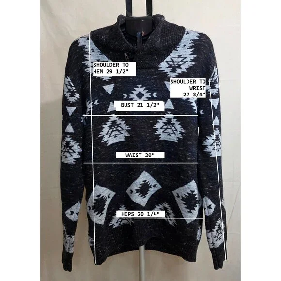 Trash Nouveau Shawl Collar Pullover Sweater — Black & Gray Aztec Knit — XL 2000s - Picture 3 of 11